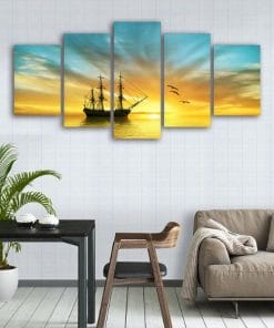 , Pirate Ship and Sunrise &#8211; 5 Panel Canvas Prints Wall Art, izedge shop